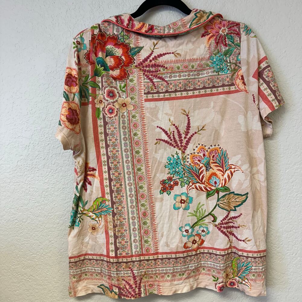 Johnny Was Printed Cotton Lounge Set Button Up Top Wide Leg Pants Rose M - Picture 4 of 9